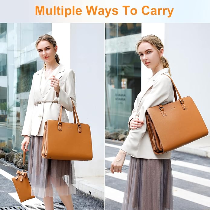 Keyli 4pc Sets Laptop Bag for Women Large Leather Laptop Briefcase with USB Charging Port Computer Shoulder tote Bags Purse