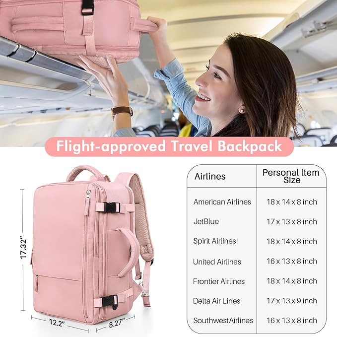 Travel Backpack for Women, TSA-Friendly Carry-on Backpack Bag Luggage Airline Approved, Personal Item Backpack for Work Business College, Travel Essentials, Pink