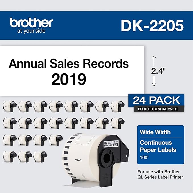 Brother Genuine, DK-220524PK Continuous Paper Label Roll, Cut-to-Length Label, 2.4” x 100 Feet, (24) Rolls Per Box, White (DK220524PK)