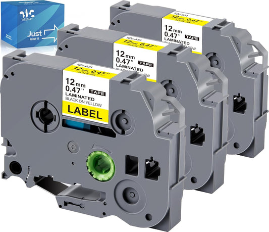 Weemay 3 Pack TZe-631 Compatible for Brother P-Touch Label Tape 12mm 0.47 Black on Yellow TZe TZ Tape TZ-631 TZ631 TZe631 for PTD210 PTD220 PTH110BP PTD410 PTD600 Printer, 0.47" x 26.2'