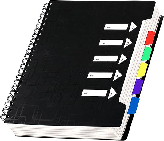 CAGIE 5 Subject Notebook College Ruled 8.5x11 240 Pages Spiral Notebook with Dividers Tabs A4 Notebooks for School Work Organization Note Taking, Black