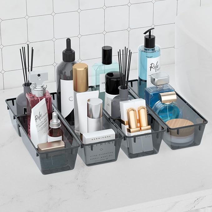 WOWBOX 12 Pack Clear Drawer Organizer Set, Acrylic Drawer Storage Trays, Storage Bins for Makeup, Cosmetics, Jewelries, Utensils, Gadgets, Office, Black