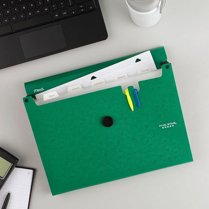 Five Star Expanding File Organizer, 6-Pocket Accordian File Organizer, Bungee Closure, Holds 11" x 8-1/2", Forest Green (350100D-ECM)