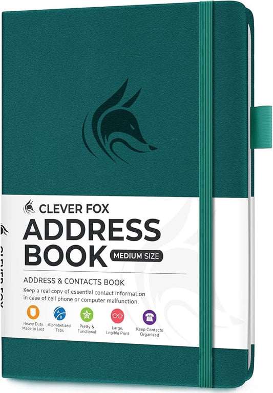 Clever Fox Address Book with alphabetic tabs - PU Leather Telephone and Address Book for Keeping Contacts Safe, Contact Organizer Journal, Medium Size (5.3″ x 7.7″) Hardcover, Dark Teal