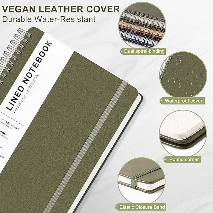 Lined Spiral Journal Notebook, A5 Hardcover Leather Notebook for Work, 5.7''×8.2'', 100GSM Thick Paper Spiral Bound Journaling Notebooks for Women & Men Office School Note Taking Business, Green