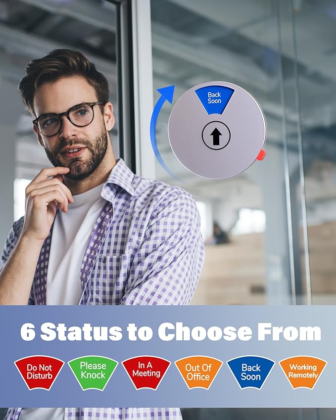 Out Of Office Sign for Door, 6 Options Status Private Sign, In a Meeting, Do Not Disturb, Working Remotely, In Out Sign Available and Away