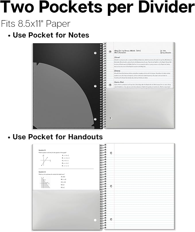 Dunwell 3-Subject Notebook College Ruled (Black), Spiral Notebook 8.5 x 11, Plastic Cover, 3 Pocket Dividers, 150 Sheets (300 Pages), 3-Hole Punched Perforated 8 1/2 x 11 Paper