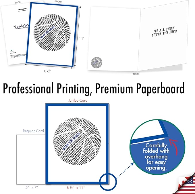 NobleWorks, Jumbo Thank You Greeting Card (Coach, Team) 8.5 x 11 Inch with Envelope (1 Pack) Large Jumbo Basketball Coach J2281ATYG-US