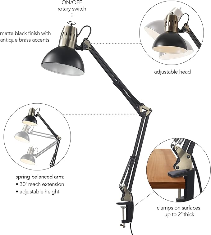 Globe Electric 62000009 32" Multi-Joint Desk Lamp with Metal Clamp, Matte Black, Antique Brass Accents, On/Off Rotary Switch on Shade, Partially Adjustable Swing Arm, Home Décor, Office Accessory