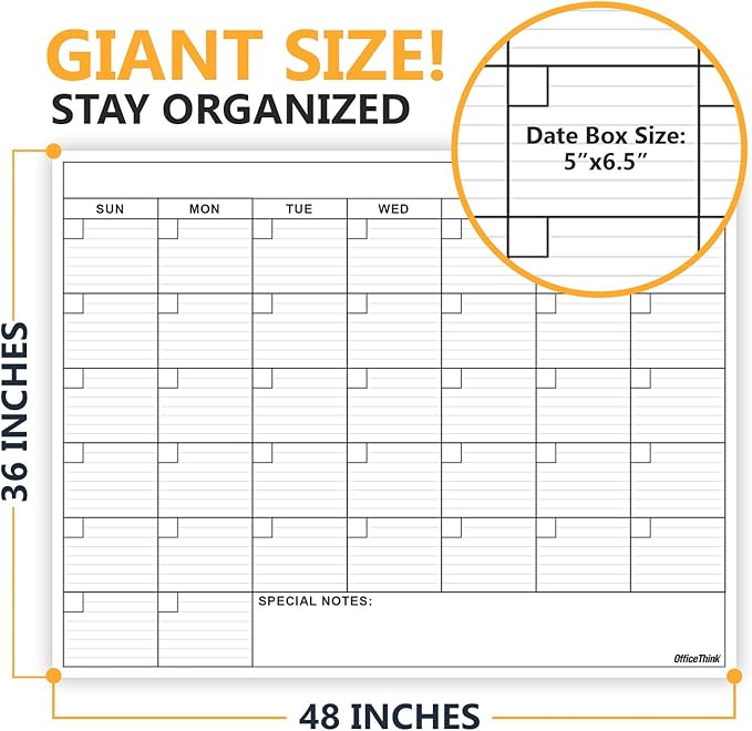 Jumbo Dry Erase Laminated Wall Calendar, Huge 36 Inch by 48 Inch Size, Monthly Planner for Home Office Classroom, Large Date Boxes, Reusable PET Film, Never Folded, 5 Markers, 8 Tacks, 1 Eraser white