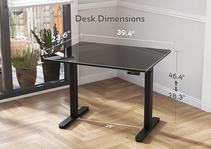 Glass Standing Desk, Small Electric Standing Desk Adjustable Height, 40 Inch Adjustable Stand Up Desk, Quick Install Home Office Computer Desk, Black
