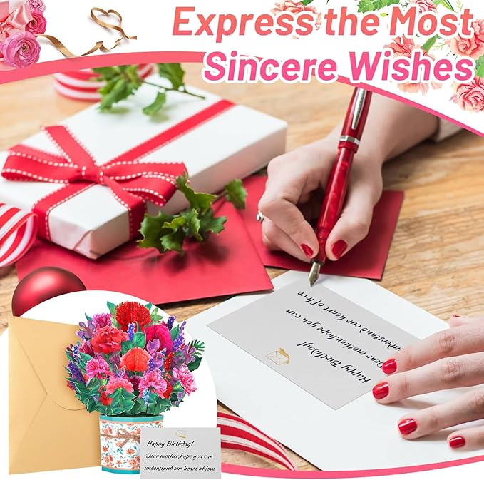 Get Well Soon Pop Up Card, 3D Flower Bouquet Greeting Cards For Women with Note Card and Envelope for All Occasion, Mother's Day, Birthday Card for Mom, Thinking of you, Teacher Appreciation Gift
