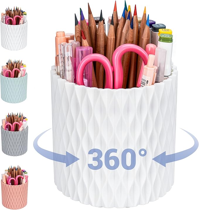 Pen Holder - 360° Rotating, 5 Slot Pen Holder For Desk. Pencil Holder For Office,School,Dorm Room&Vanity, Desk Accessories(White)