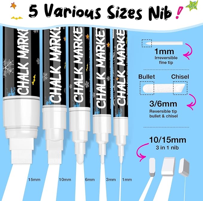 White Window Chalk Markers Pen: 6 Pack White Glass Marker, Liquid Chalk Marker for Chalkboard Signs, Car Window Paint Marker Pen for Bistro, Jars, Erasable, Non-Toxic, 5 Nib Sizes (1, 3, 6, 10, 15mm)