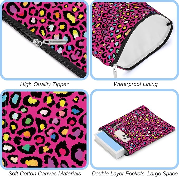 2 Pack Rainbow Leopard Print Book Sleeve, Books Protector，Books Pouch， Book Lovers Gifts，Bookish Gifts Waterproof Cover with Zipper，Leopard Decor Gift Bag for Women Manager Christmas Birthday