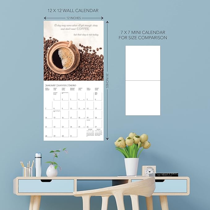 Graphique 2024 Coffee Wall Calendar | 12” x 12” | Thick Paper | Home & Office Organizer | Large Monthly Grid | 3 Languages & Marked Holidays | 4 Month Preview Page for 2025