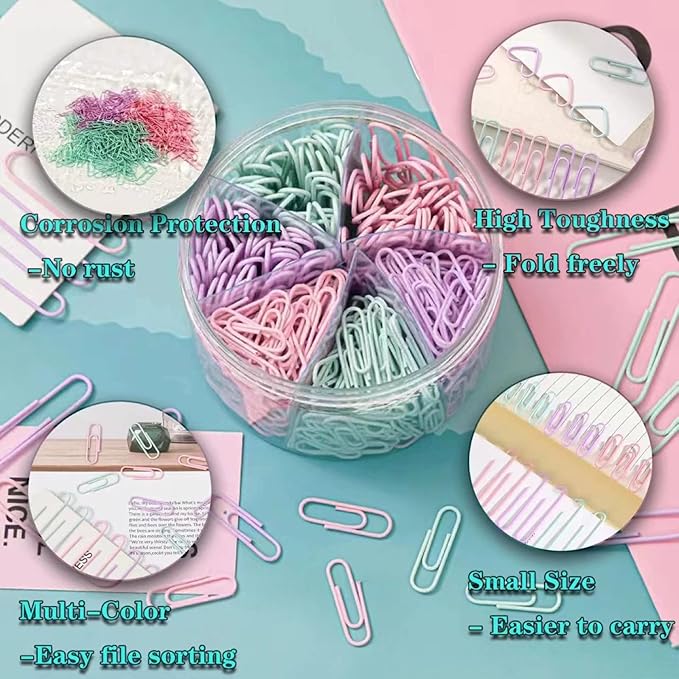 Macaron Colored Paper Clips, 1.1" Medium Paper Clip（28mm, 600pcs Paperclips for Office Supplies and Organization