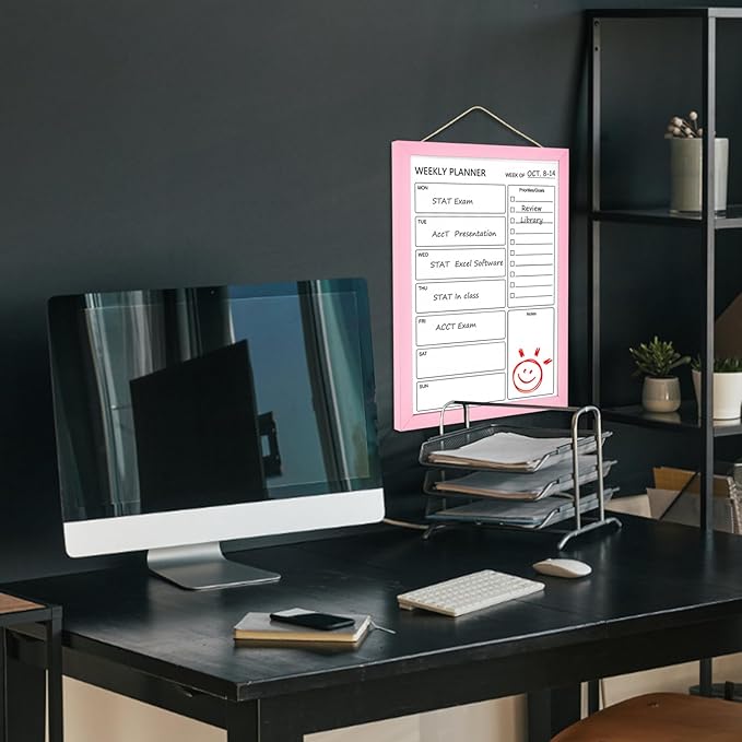 Dry Erase White Board Weekly Calendar Board, Magnetic Whiteboard for Wall,10.5“x14.5 Solid Wood Pink Framed Message Board, Planner Board for Office, Home, School(Weekly-BB-PK-2737)