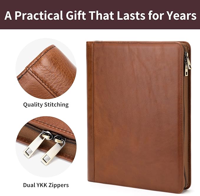 Genuine Leather Portfolio Binder, Zippered Padfolio for Men Women, Business Folio with 8.5” x 11” Notebook Holder and 13” Laptop Sleeve, Professional Executive Folder, Brown, Oil Tanned