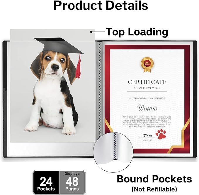 Dunwell 11x14 Binder with Sleeves (Black), 24 Pockets Display 48 Pages, Large Folder with Plastic Sleeves,11x14 Presentation Book with Protector Sleeves, Kids Art Portfolio 14x11,Clear Pages,Vertical