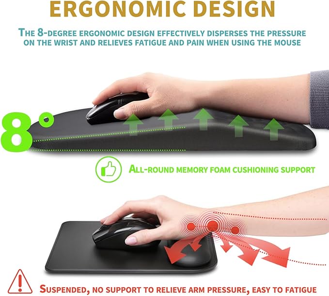 Hokafenle Ergonomic Mouse Pad Wrist Support with Massage Design, Wrist Rest Pain Relief Mousepad with Memory Foam&Non-Slip PU Base, Mouse Pads for Wireless Mouse & Desk (12x8 inch,Gray)