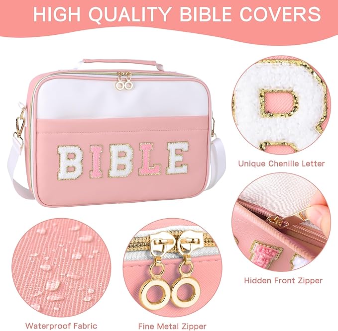 WOBANGEM Bible Cover Case for Women,Large Leather Bible Cases Christian Gifts for Women Men Girls,Preppy Chenille Letter Bible Bag with Shoulder Strap,Pink Bible Purse Bible Carrying Case for Women