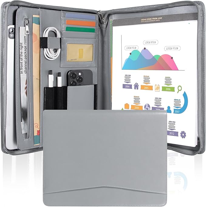 Calfinder Portfolio for Men, Zippered Vegan Leather Padfolio for Women, Business Portfolio Organizer Folder, Professional Padfolio with A4 Notepad Holder for Interview/Meeting, Office Gifts, Gray