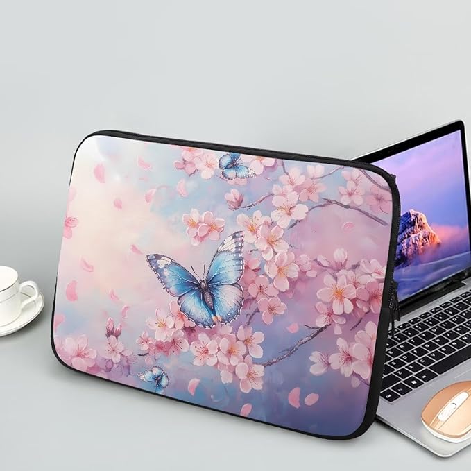 Butterfly Print Laptop Bag for Girls, 17 Inch Peach Blossom Laptop Sleeve Soft Laptop Case Bag for Girls, Waterproof Laptop Briefcase Computer Bag with Zipper