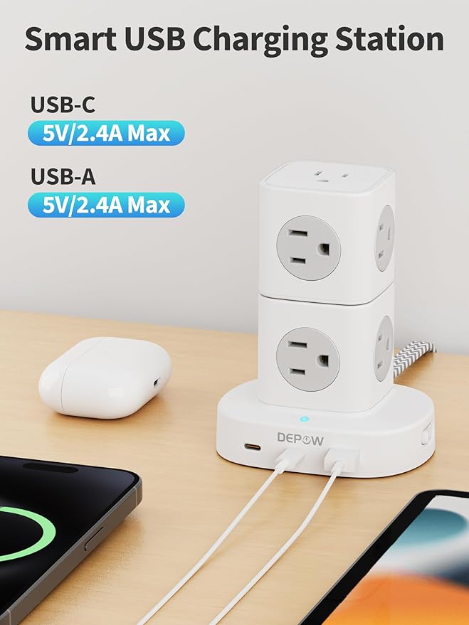 Power Strip Tower Surge Protector with 9 Outlets 3 USB (2 USB C), 5Ft Braided Extension Cord with Multiple Outlets, 1700J Surge Protection, Detachable Charging Station for Home Office Dorm