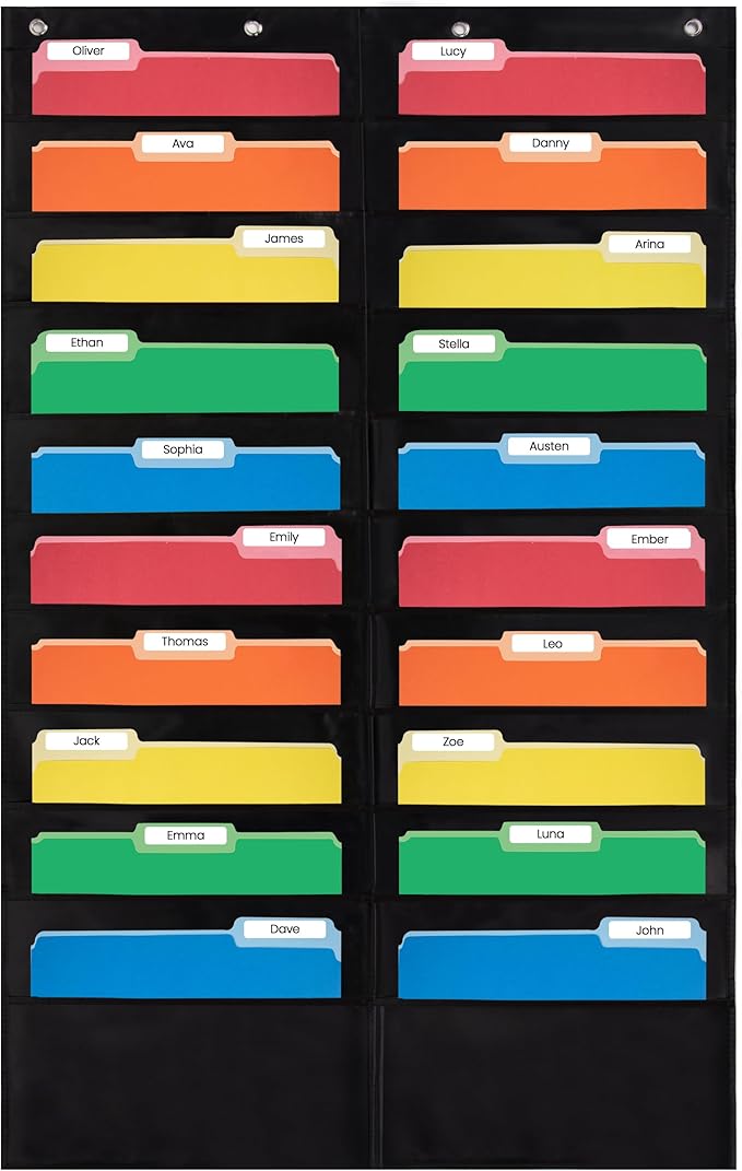 20 Pocket File Pocket Chart, Black, 28" Wide x 46" Tall - Versatile Wall Hanging File Folder Organizer for Classroom, Office, Home, and More - Wall Folder Organizer - 20 Pockets