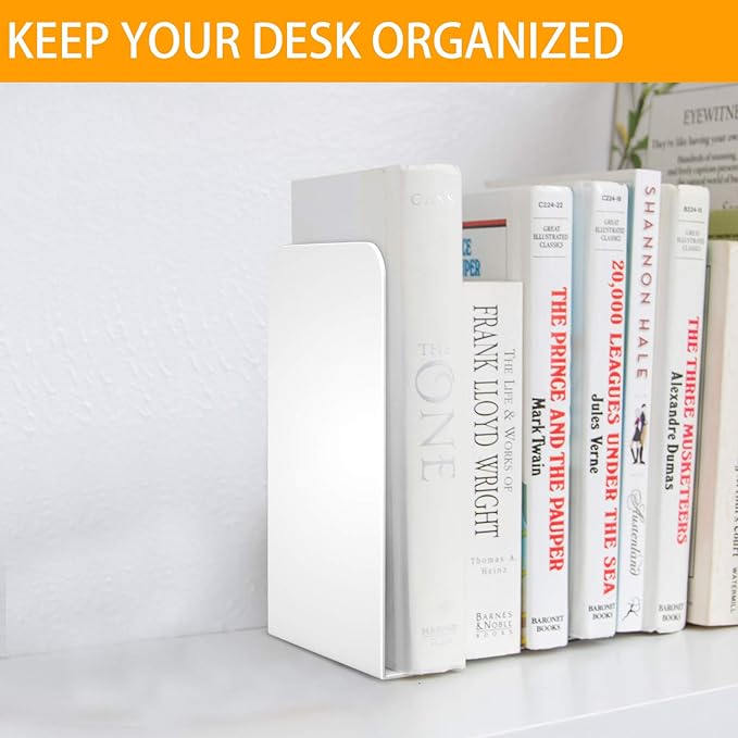 VFINE Bookends 4 Pairs, White Metal Book Ends, Bookends for Shelves, Book Stopper for Heavy Books, Book Dividers for Home Office