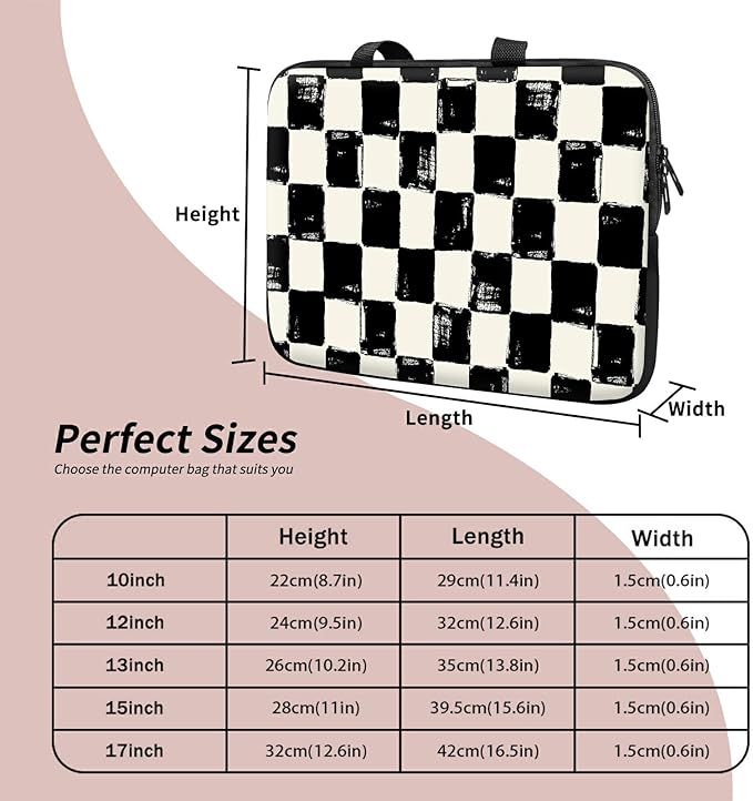 Universal Laptop Sleeve Tablet Case 12 inch, Black and White Checkered Slim Carrying Case Durable Handbag Travel Laptop Bag for Surface Pro 9 8 7/Laptop Go 2 3, MacBook Air 11/12