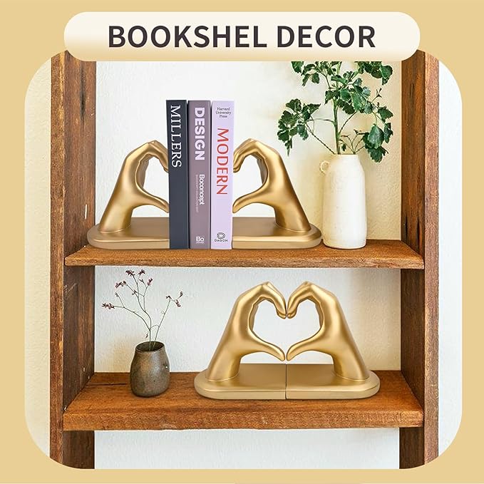 Gold Decorative Bookends for Shelves, Heart Hands Book Ends Sculpture Aesthetic Decor for Bedroom Living Room Merch Apartment Bookshelf Birthday Women Decorations Stuff Aesthetic