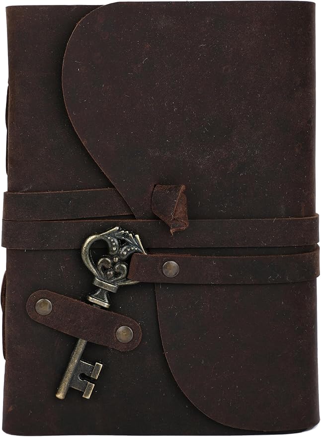 Fausta Vintage Handcrafted Leather Journal with Key for Writing, 240 Pages 8 x 6 inches, Deckled Cotton Paper Notebook/Diary for Men and Women 150 GSM Drawing/Sketchbook, Rustic Brown