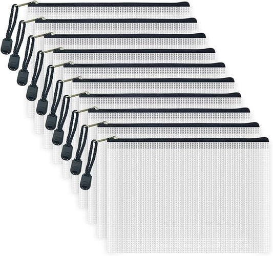 AUSTARK 10 Pcs Zipper File Bags, Waterproof Plastic Mesh Pouch for Office School, Board Game Storage Bags (B6 Size 7.6''x5.3'', White and Black)