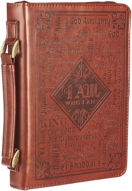 Christian Art Gifts Men's Classic Bible Cover Names of God Exodus 34:6, Brown Faux Leather, XL