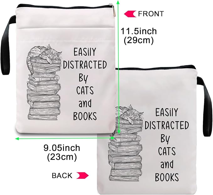 Book Sleeve, Book Covers with Zipper, Funny Cat & Book for Book Lovers, Gifts for Women Teacher Librarian Bookworm Bookish- Easily Distracted by Cats and Books (White-A, Large)