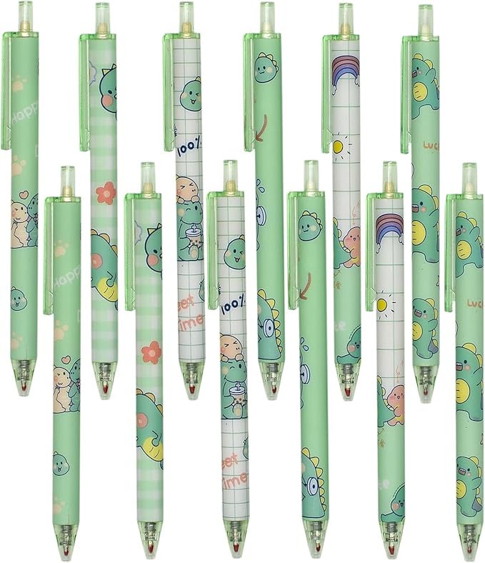 YYaaloa 48pcs Cute Pens Black Gel Ink Pens Green Dinosaur Pens Retractable 0.5mm Gel Pens Fun Pens for Kids Girls Boys Women Office School Supplies Christmas Xmas Gifts