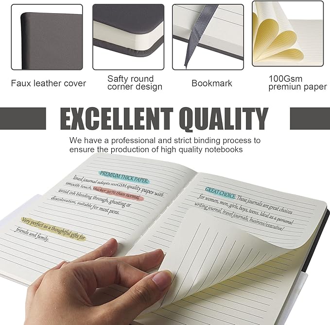 Lined Journal Notebook, 10Pack(Dark Gray), 160 Pages, Medium 5.7 inches x 8 inches - 100 gsm Thick Paper, Hardcover