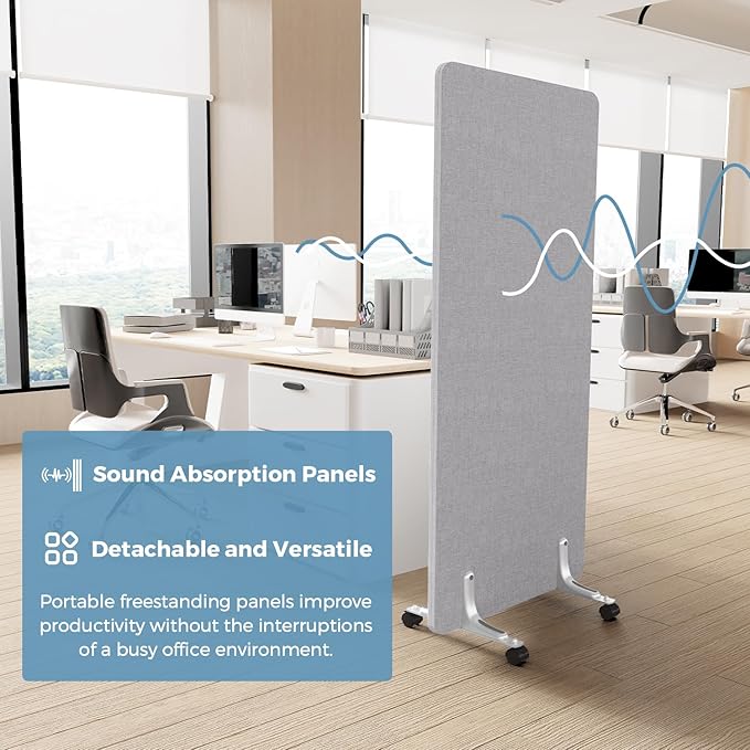 70.8" W x 63" H Freestanding Partition Room Dividers, Acoustic Panels with Wheels, 3 Soundproof Privacy Panels for Office, Reception Room, School, Hospital, Light Grey