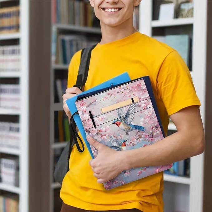 COEQINE Aesthetic Hummingbirds Book Sleeve Pink Cherry Blossom Birds Book Covers for Book Lovers Portable Chain for Library Front Pocket