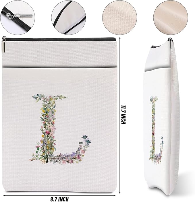 Monogrammed Book Sleeve Floral L Initial Book Pouch Book Accessories Book Lovers Gifts Waterproof Book Cover Book Protector Bookish Gifts Personalized Gifts for Women Girls Readers Bride Librarian