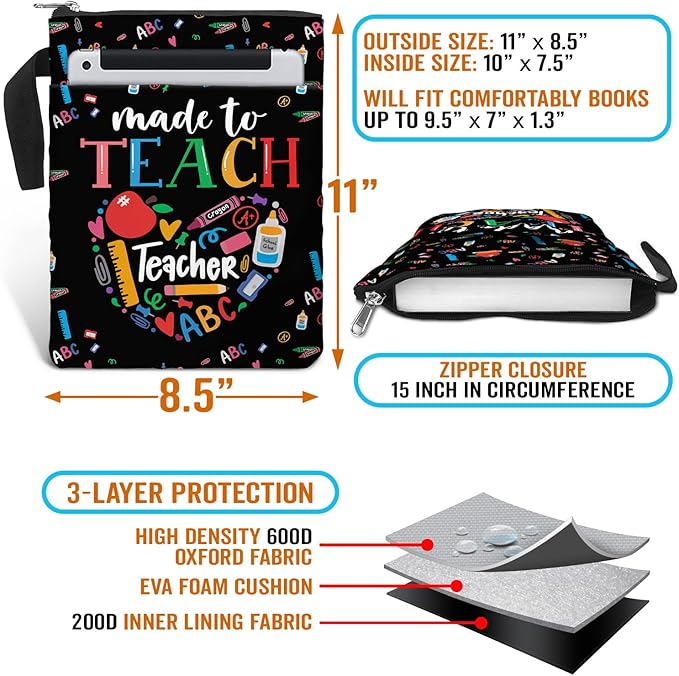 84hoods Book Sleeve Gift for Teachers & Lovers. Padded Book Bag Protector with Zipper & Front Pocket. Washable Fabric, 11 x 8.5 Inch. Made to Teach.