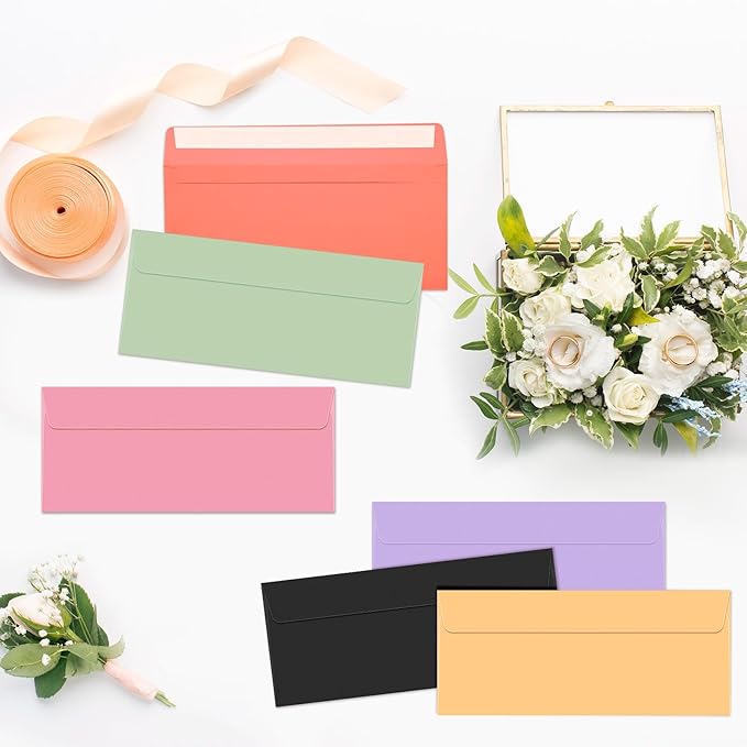 500 Pcs Colorful #10 Business Envelopes Adhesive Standard Envelopes Colored Envelopes for Office Check Invoices Letters Letterhead Invitations Announcements 4-1/8 x 9-1/2'' Assorted 10 Colors (Pastel)