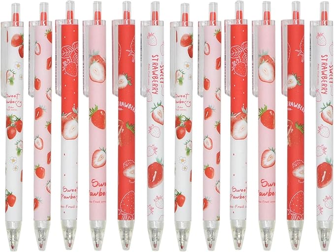 YYaaloa 12pcs Cute Strawberry Pens Black Gel Ink Pens Retractable 0.5mm Gel Pens Nice Gifts Fun Pens for Kids Girls Boys Christmas Gifts