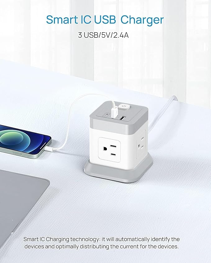BEVA Power Strip with USB - 5ft Long Extension Cord Desktop Charging Station, Power Strip Cube with 4 Outlets and 3 USB Ports, Overload Protection, Compact for Travel, Cruise Ship, Office, Dorm Room