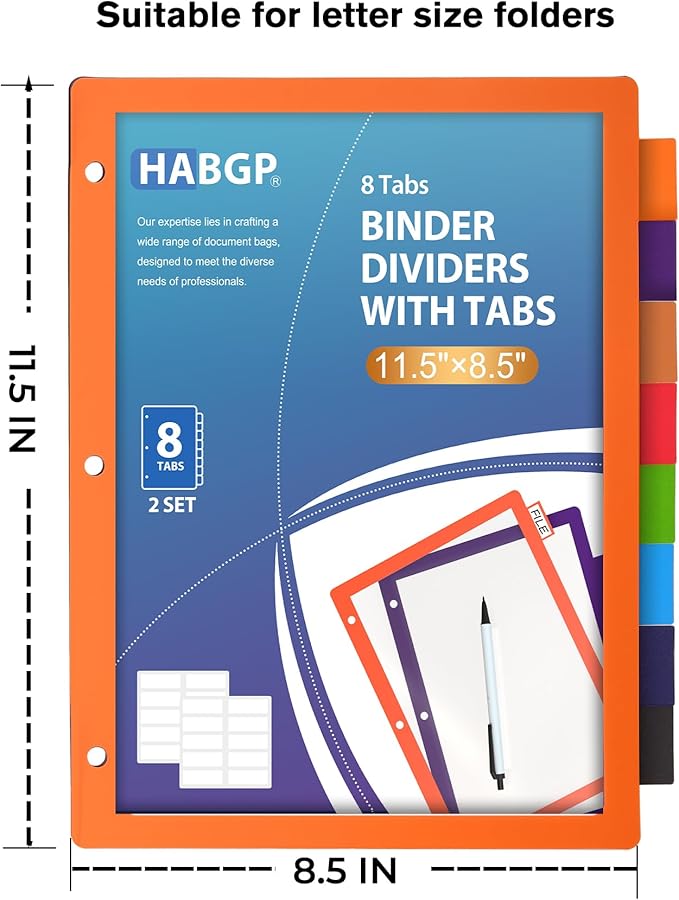 HABGP 16Pcs/2 Set 8 Tab Dividers for 3 Ring Binder, 16 Pcs Clear Color 3 Ring Binder Dividers with Tabs, Page Folder Dividers, Plastic Tabbed File Dividers with Tabs, Three Ring Binder Index Dividers