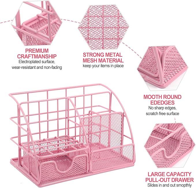 JUOPIEA Desk Organizers and Accessories Office Supplies Organizer with Pen Holder, 72 Clips Set and Phone Stand, Metal Mesh Desktop Organizers with Drawer for Home, Office, School Ect
