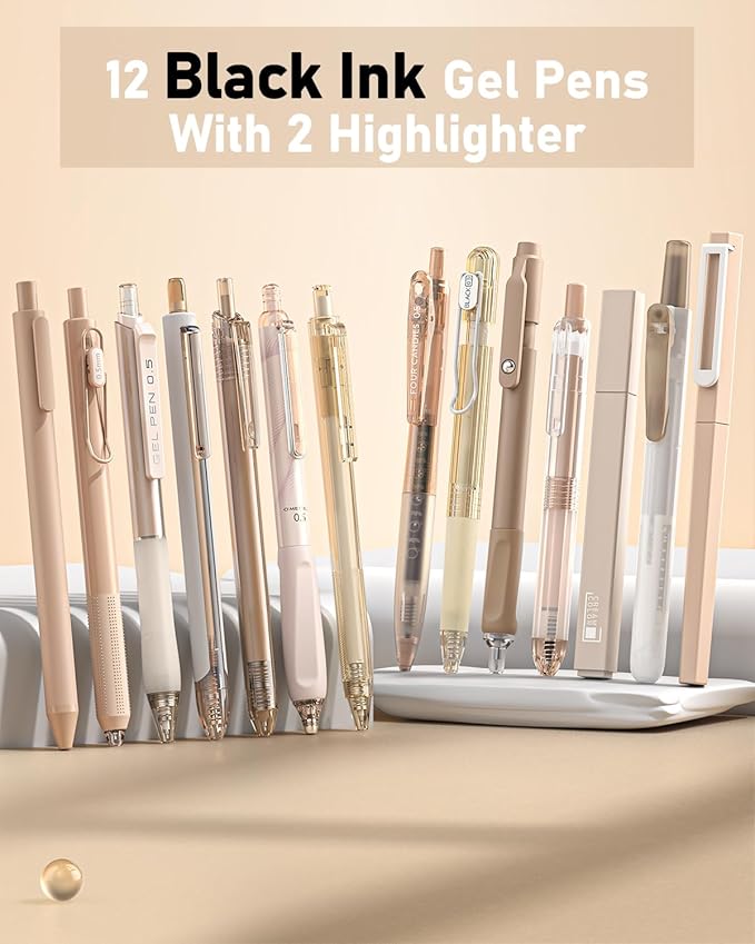 Four Candies 14Pack Pastel Gel Ink Pen Set,Cute Retractable 0.5mm Fine Point Pen,Note Taking Aesthetic Pens,12 Pack Black Ink Pens with 2Pack Highlighter, Smooth Writing Pens for School, Office(Brown)