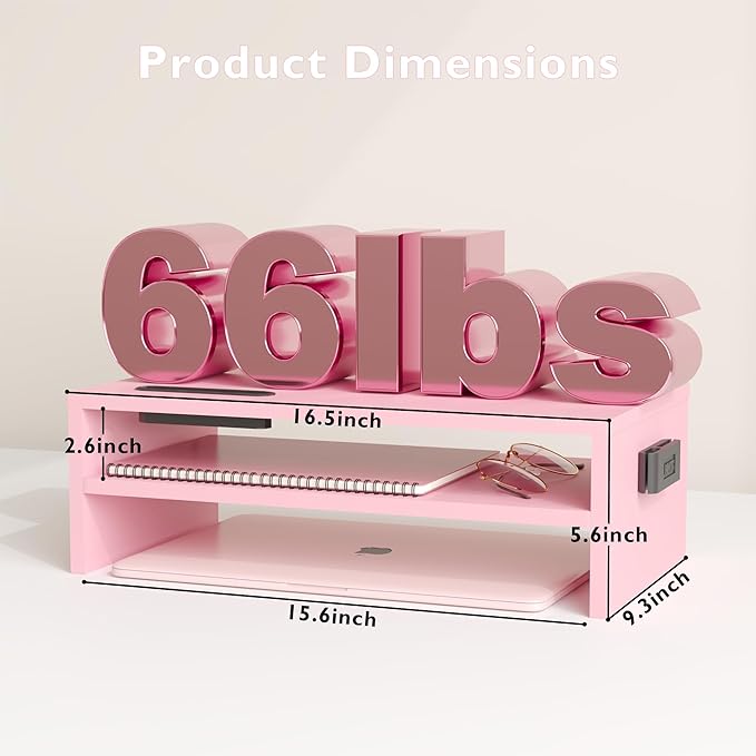 BONTEC Monitor Stand Riser, 2 Tiers Wood Monitor Riser Stand with Storage Organizer, Desktop Ergonomic Monitor Stand Riser with Cellphone Holder and Cable Management, 16.7 Inch Shelf, Pink